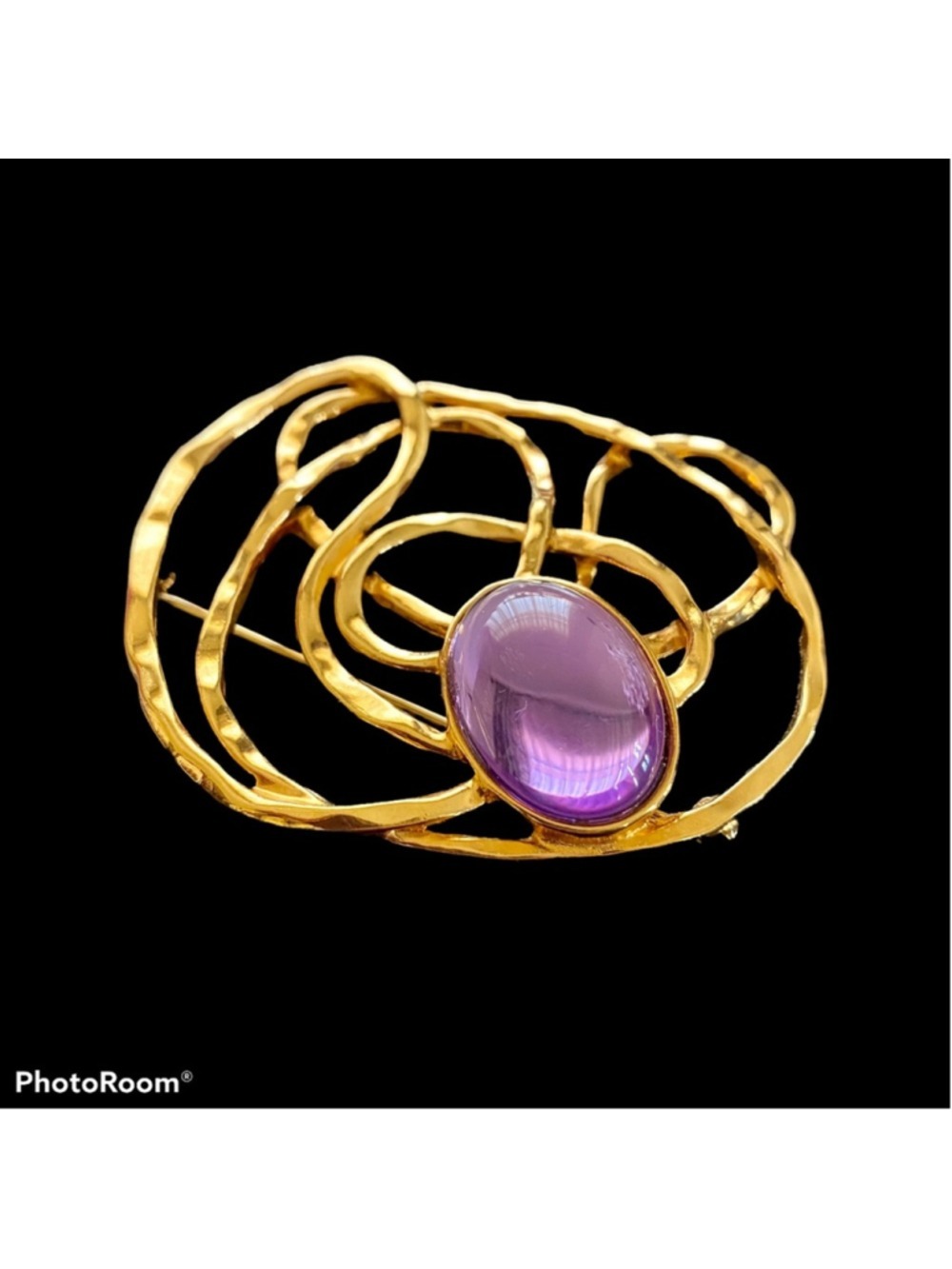 Vintage Amethyst Purple Rhinestone Bronze Gold-tone Brooch Pin